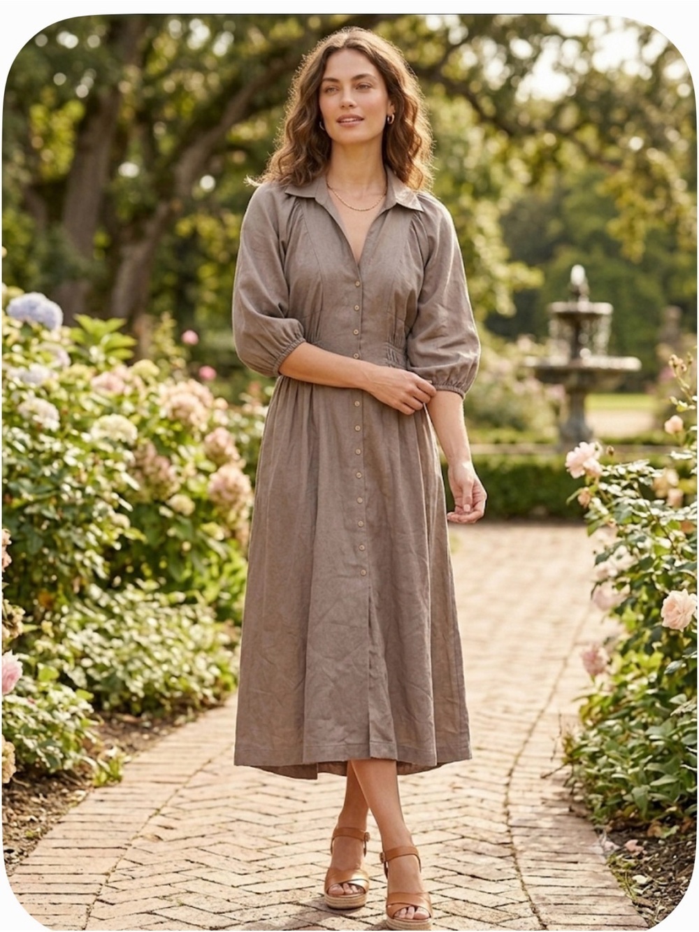 Umgee Taupe Button-Front Collared Maxi Dress with Puff Sleeves